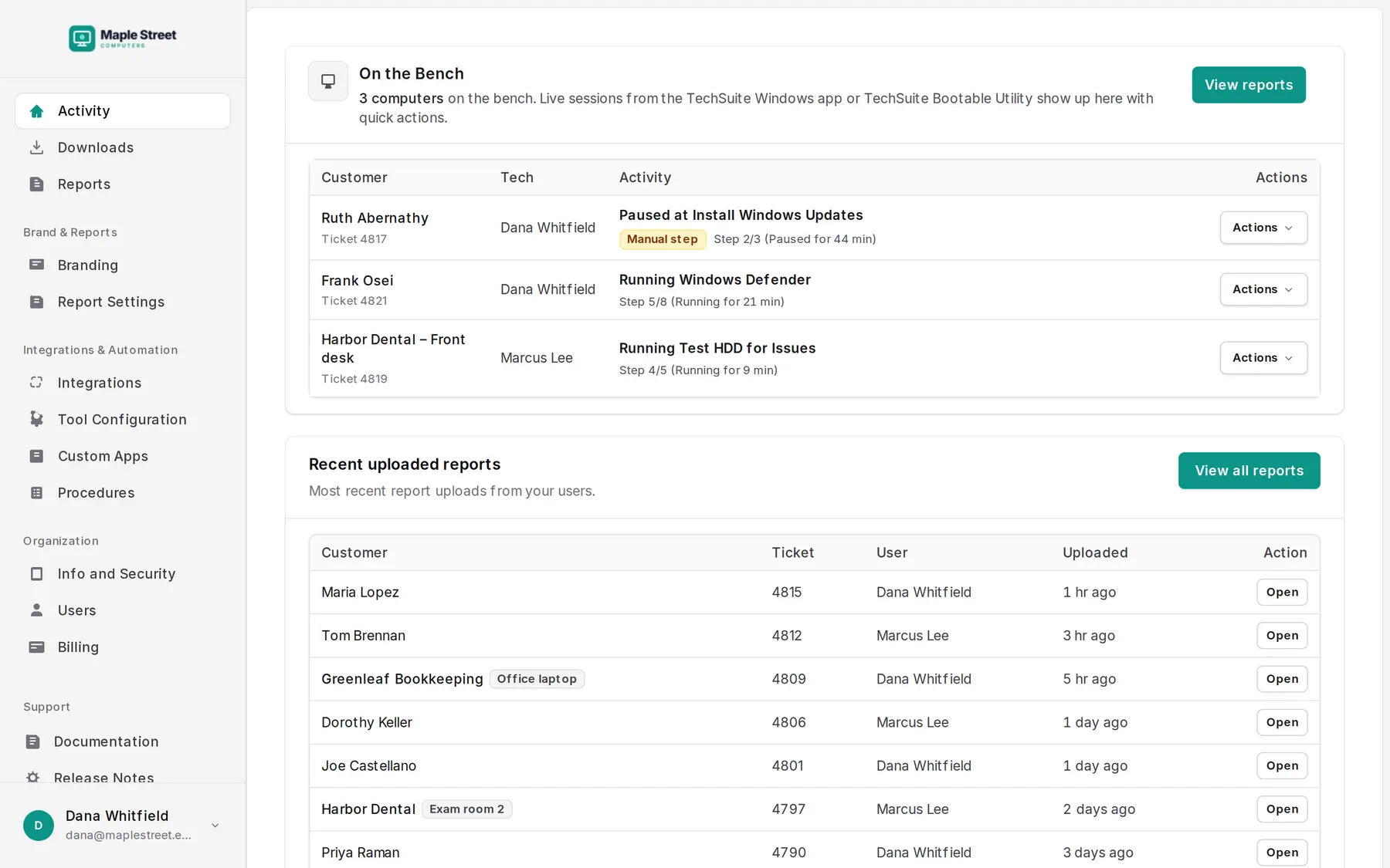 The TechSuite Online Dashboard: On the Bench showing three live sessions, and recently uploaded reports