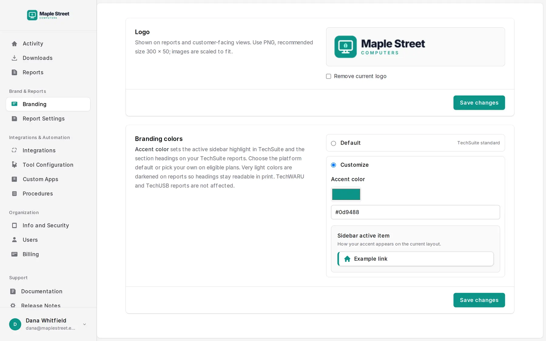 The Branding page: logo upload and the accent color picker