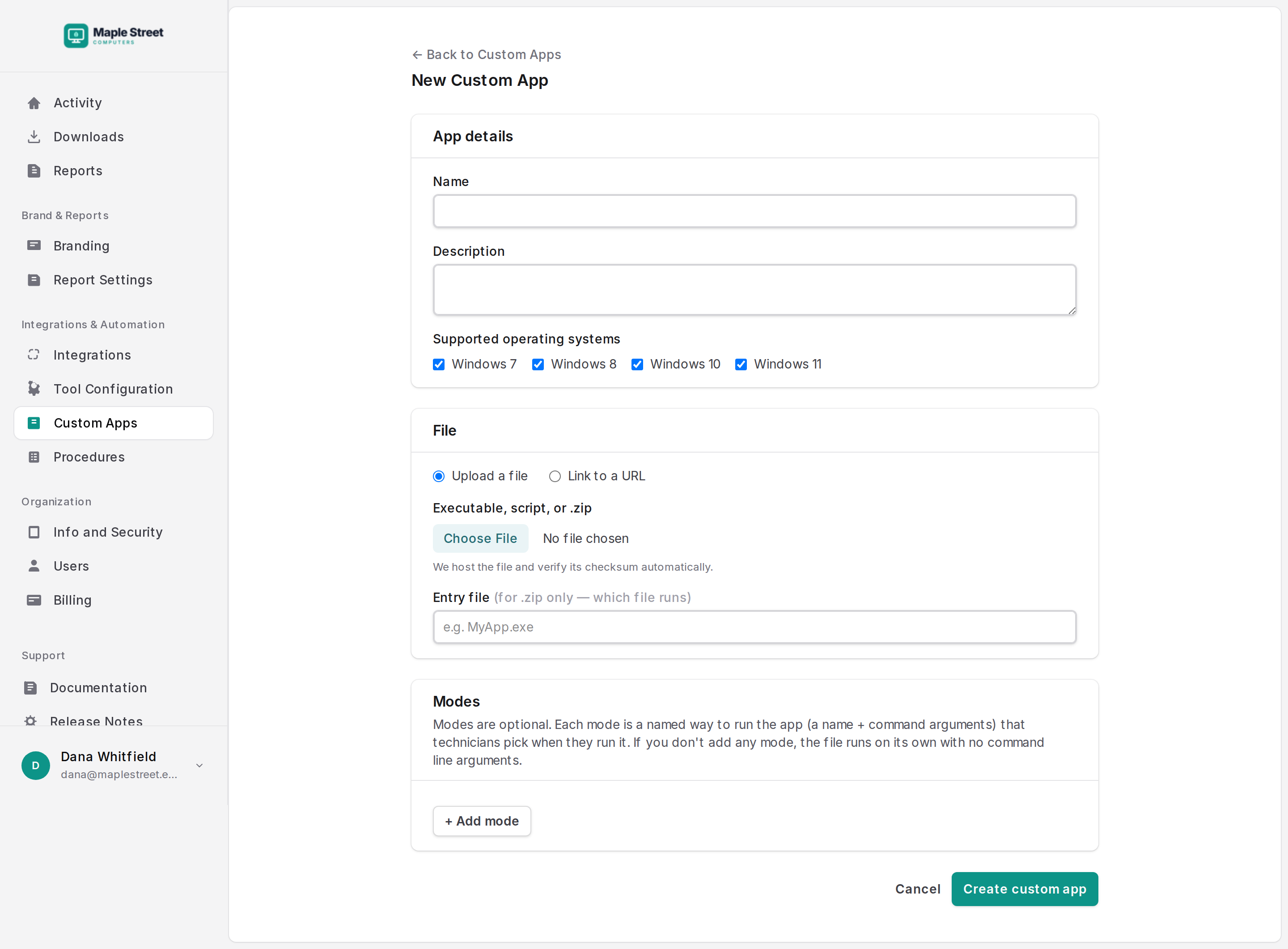 Creating a Custom App in the dashboard: details, supported Windows versions, file upload and modes