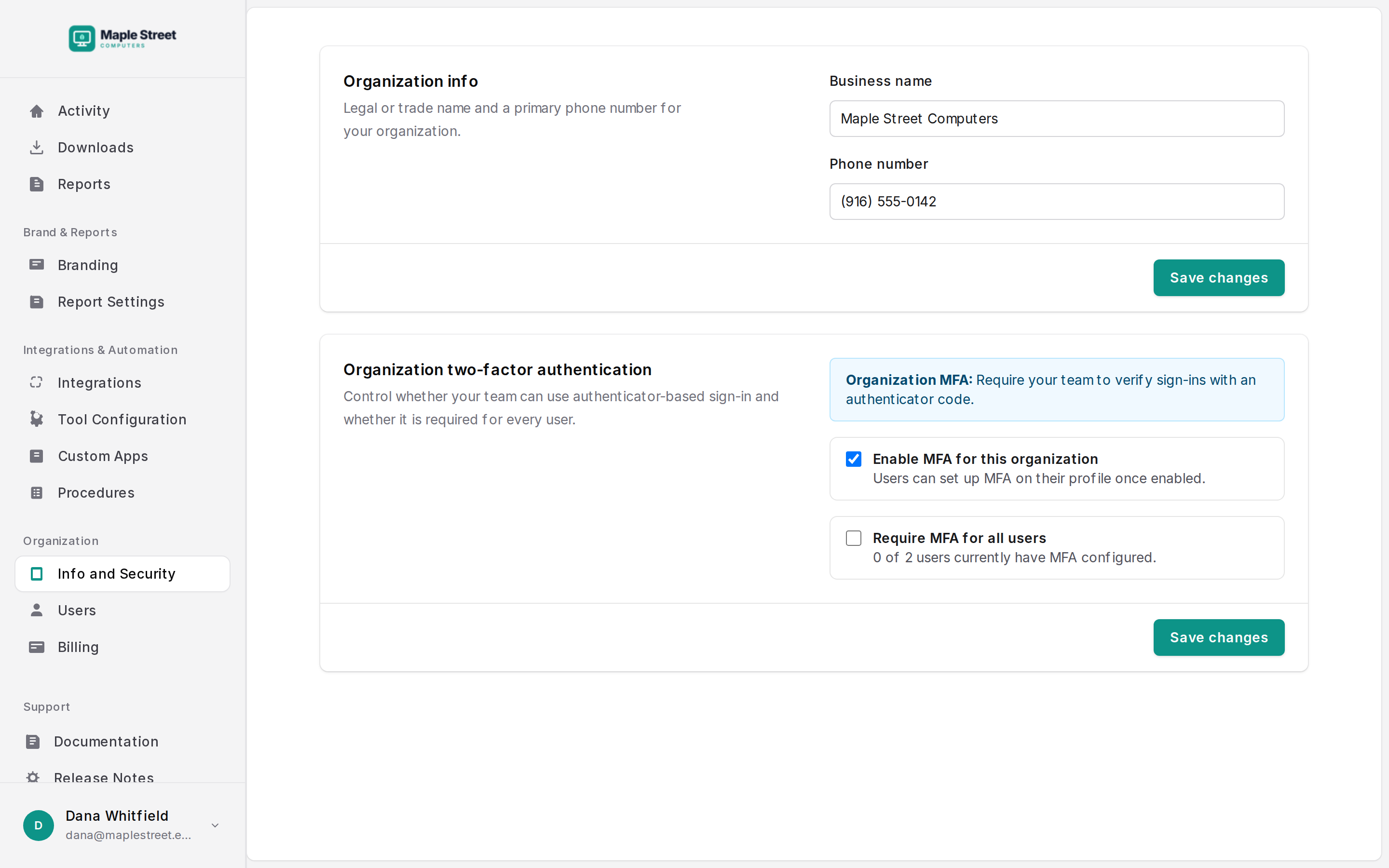 Info and Security: organization details and the two-factor authentication settings