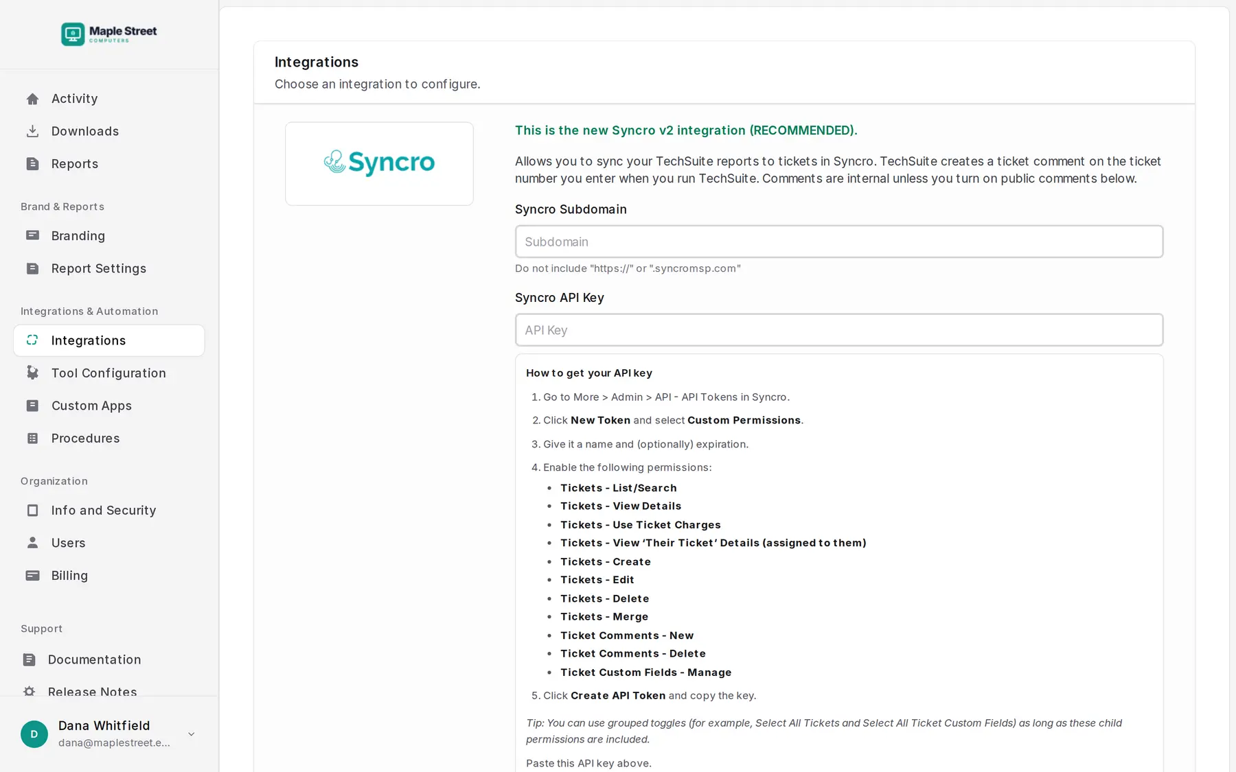 The Syncro integration form: subdomain, API key and setup instructions