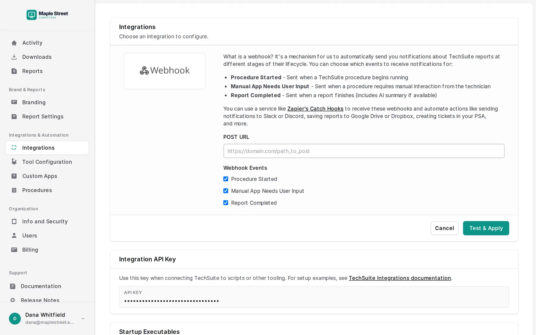 The webhook form: POST URL and the three webhook events