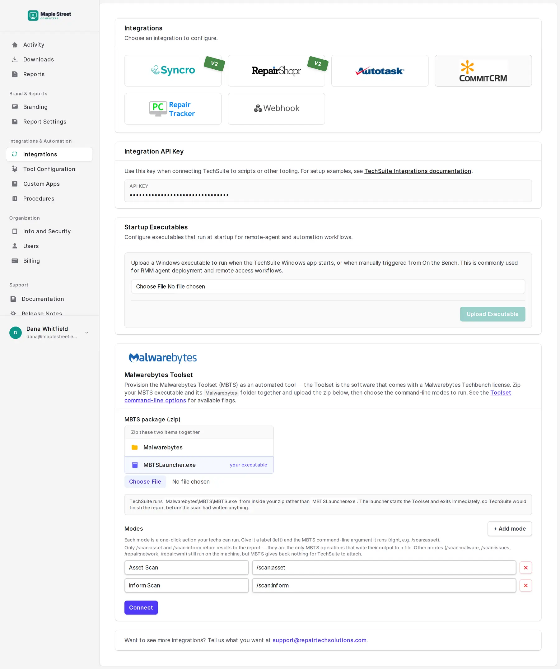 The Integrations page: Syncro, RepairShopr, Autotask, CommitCRM, PC Repair Tracker and Webhook, followed by the API key, Startup Executables and Malwarebytes Toolset