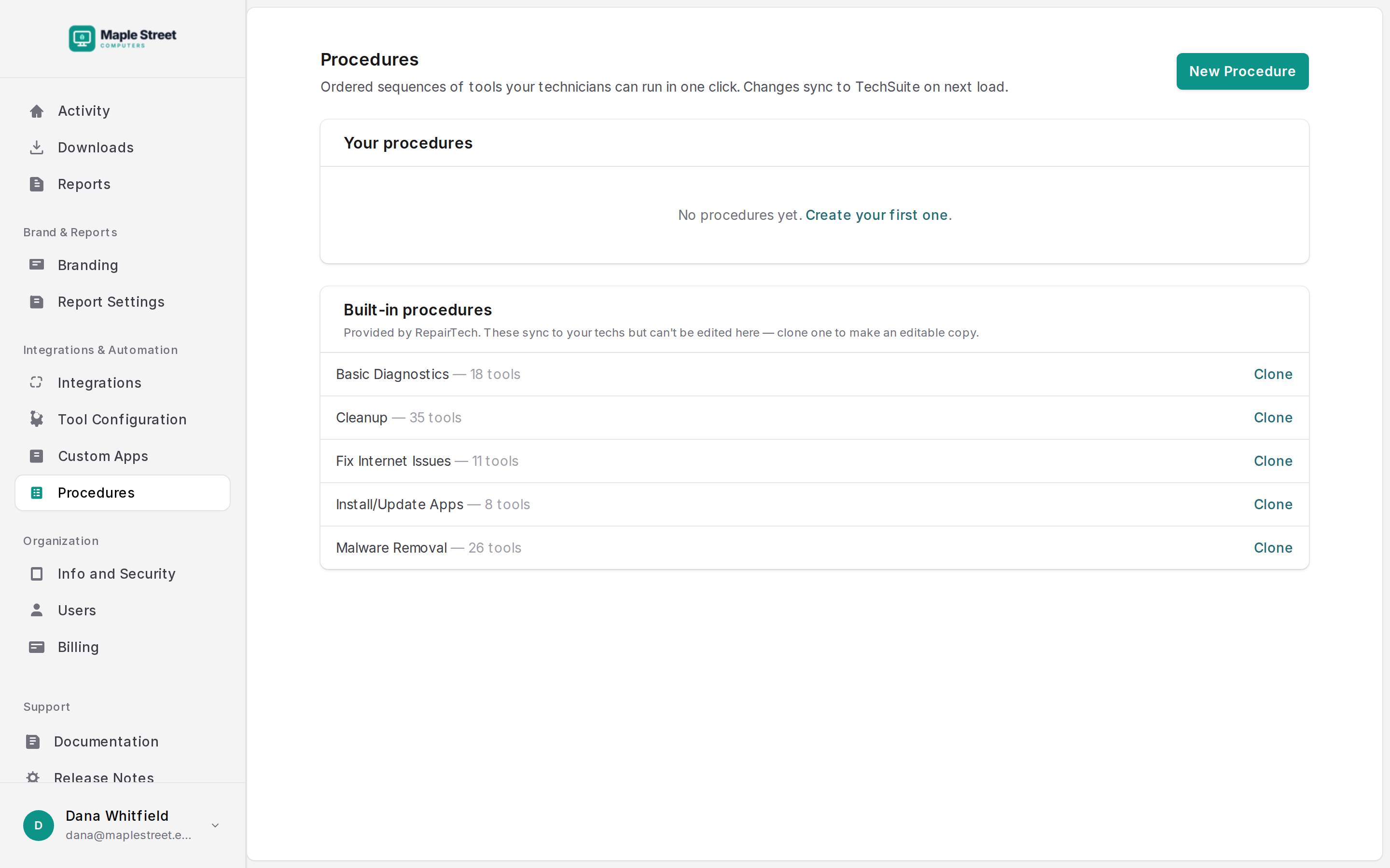 The Procedures page, with your procedures and the built-in procedures you can clone