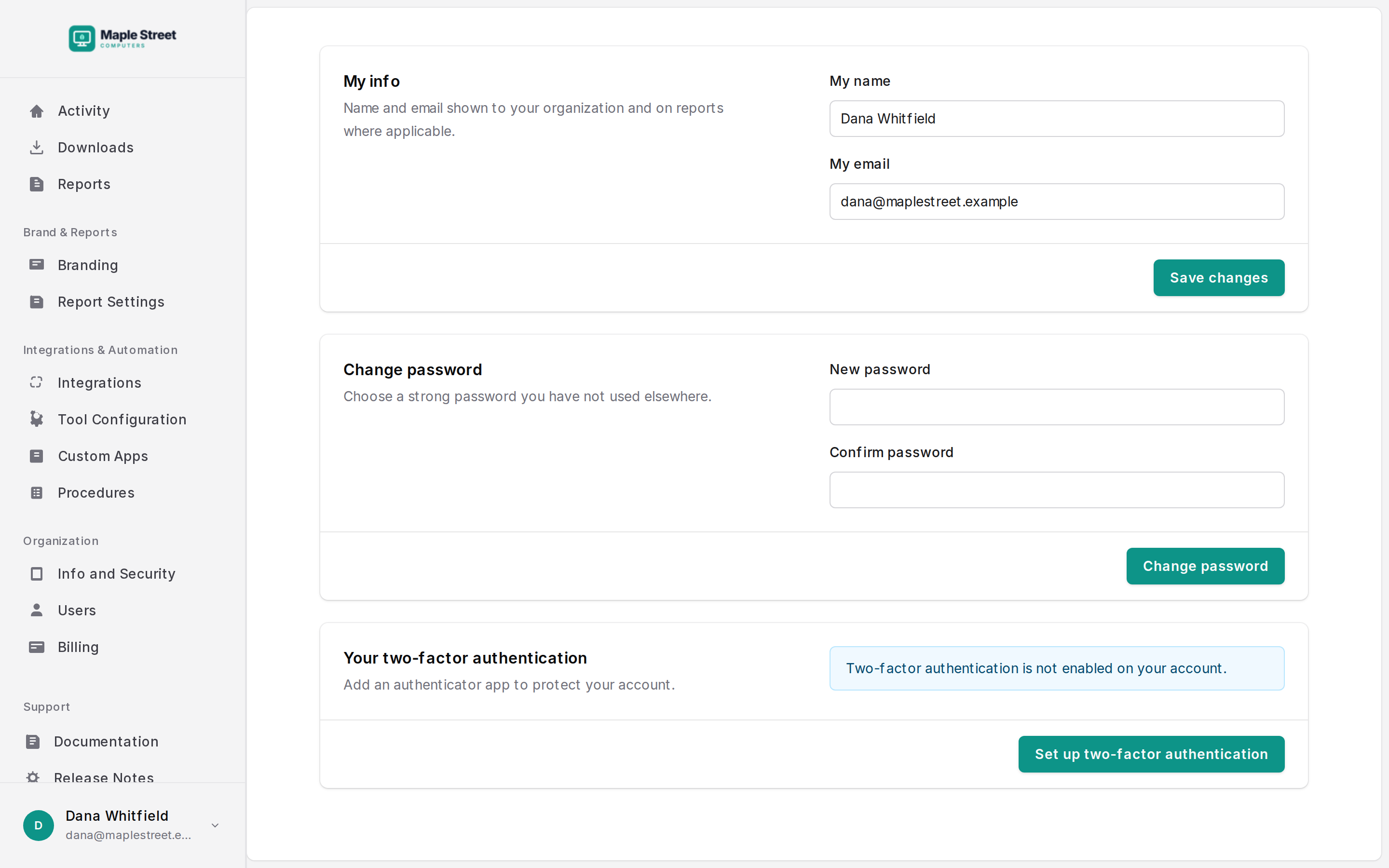 Profile: your name and email, password, and two-factor authentication setup