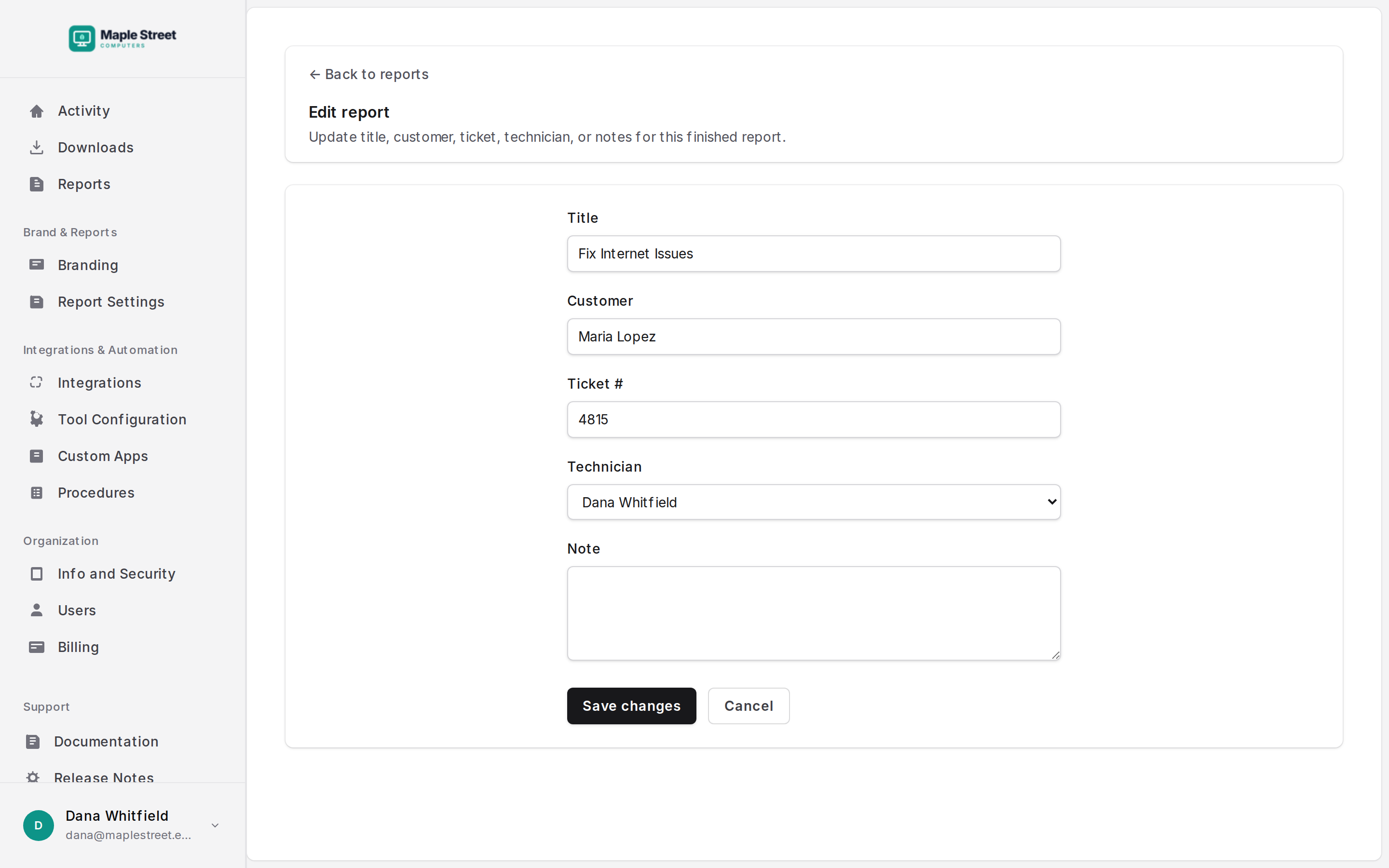 Editing a report's title, customer, ticket number, technician and note