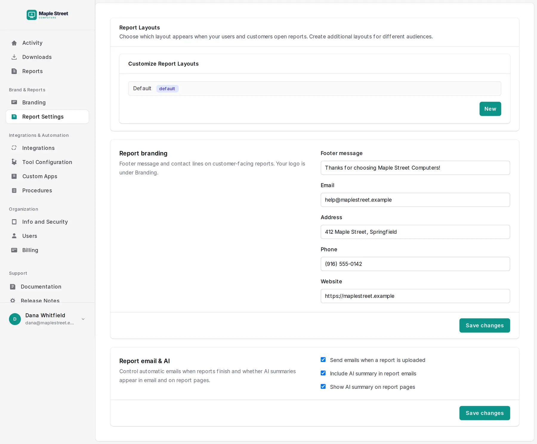 Report Settings: report layouts, report branding, and report email and AI settings