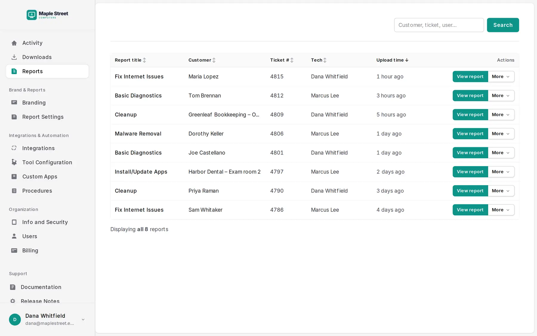 The Reports page listing reports with their title, customer, ticket number, technician and upload time