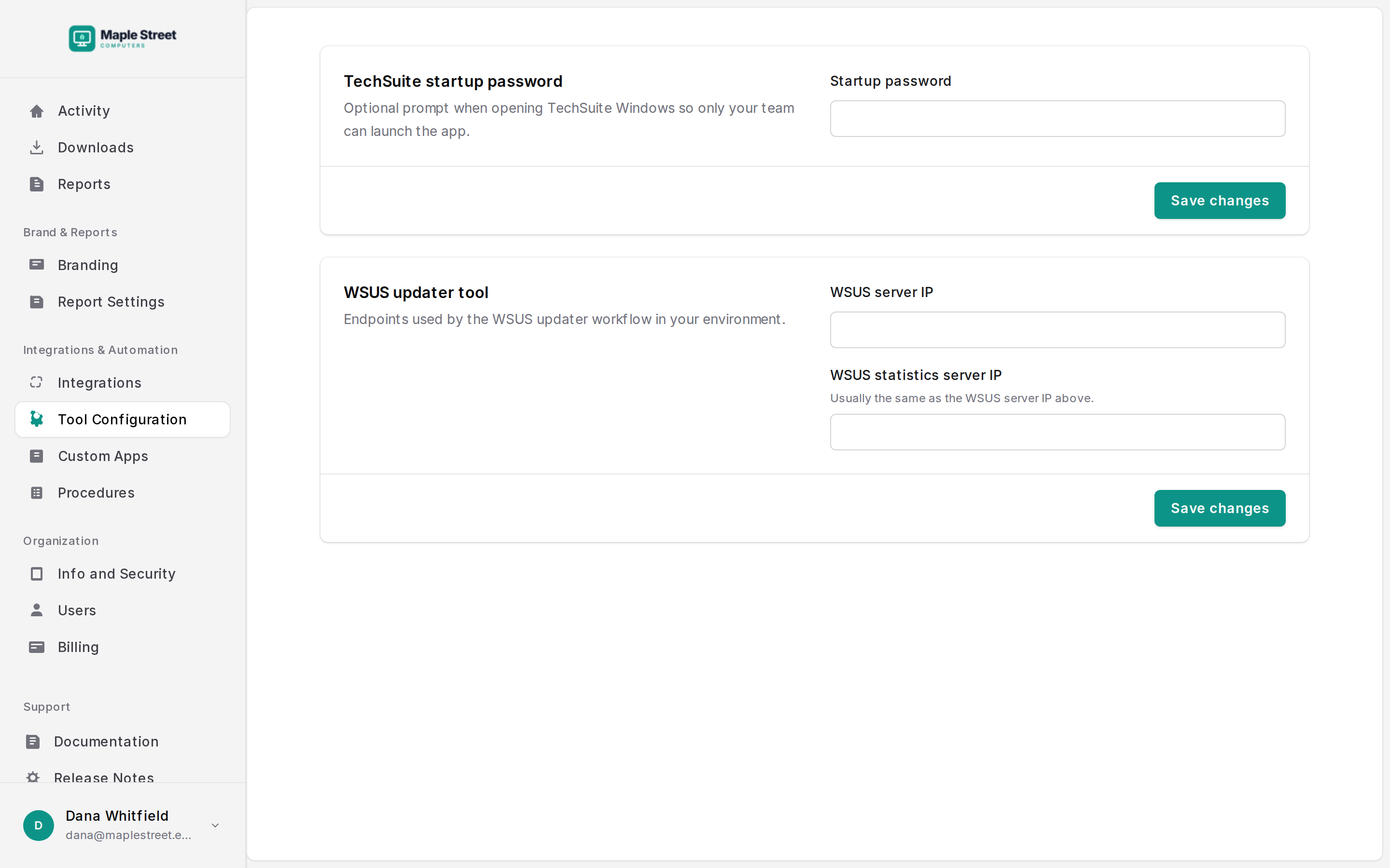 Tool Configuration: the TechSuite startup password and WSUS server settings
