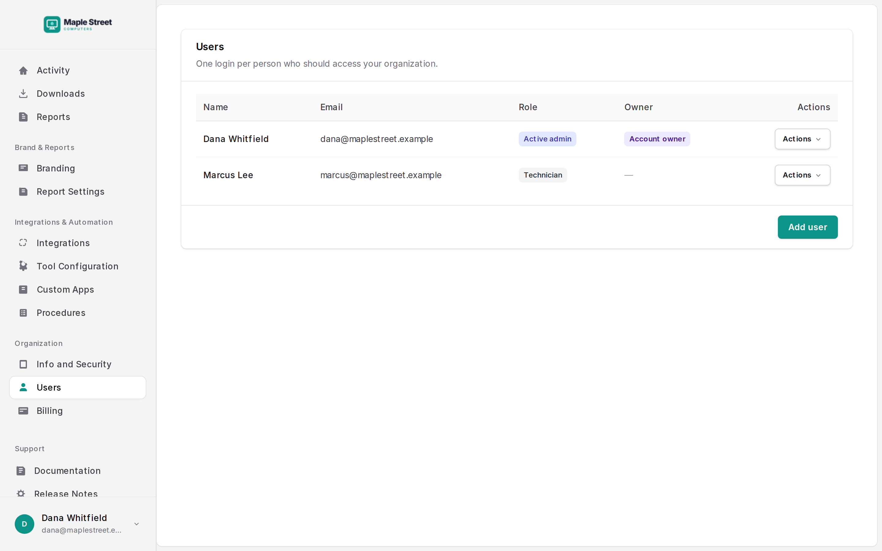 The Users page: the account owner and a technician