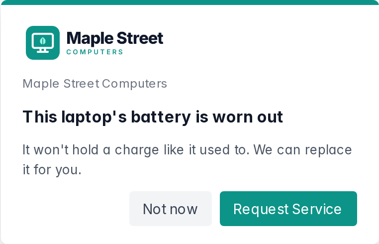 A Lantern alert branded for Maple Street Computers: This laptop's battery is worn out