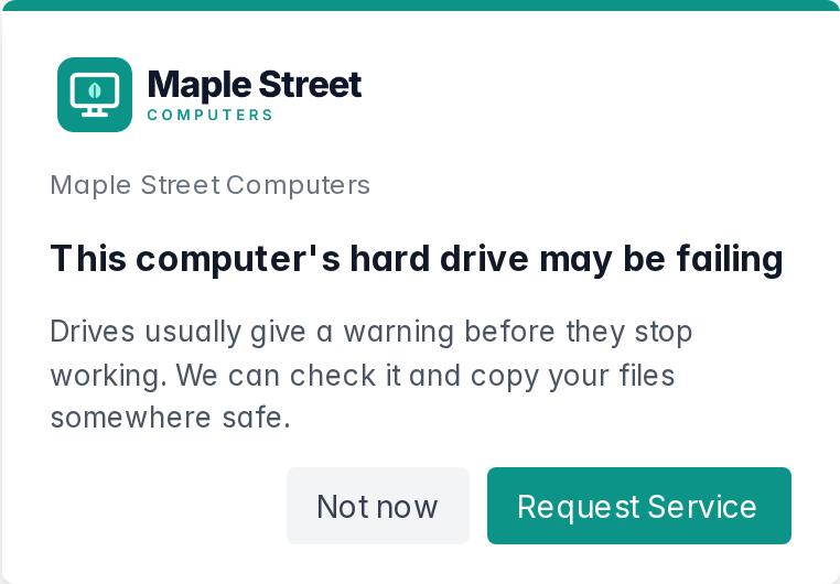 A Lantern alert branded for an example shop, Maple Street Computers: This computer's hard drive may be failing, with a Request Service button