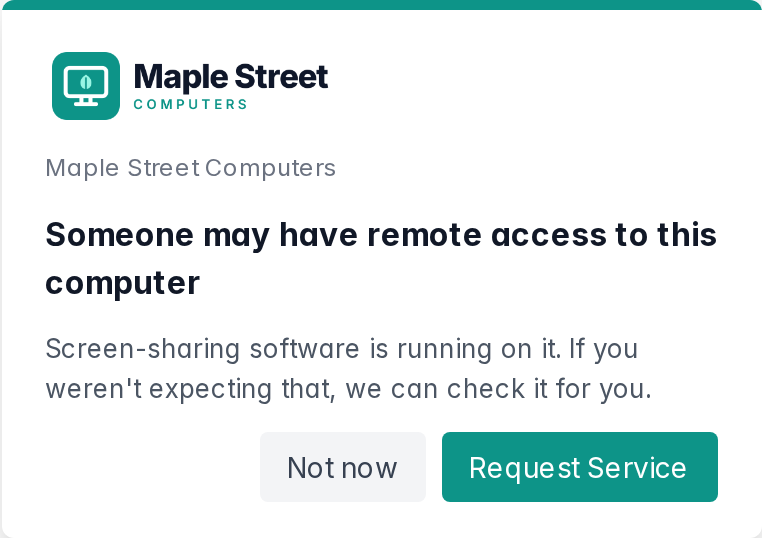 A Lantern alert branded for Maple Street Computers: Someone may have remote access to this computer, with Not now and Request Service buttons