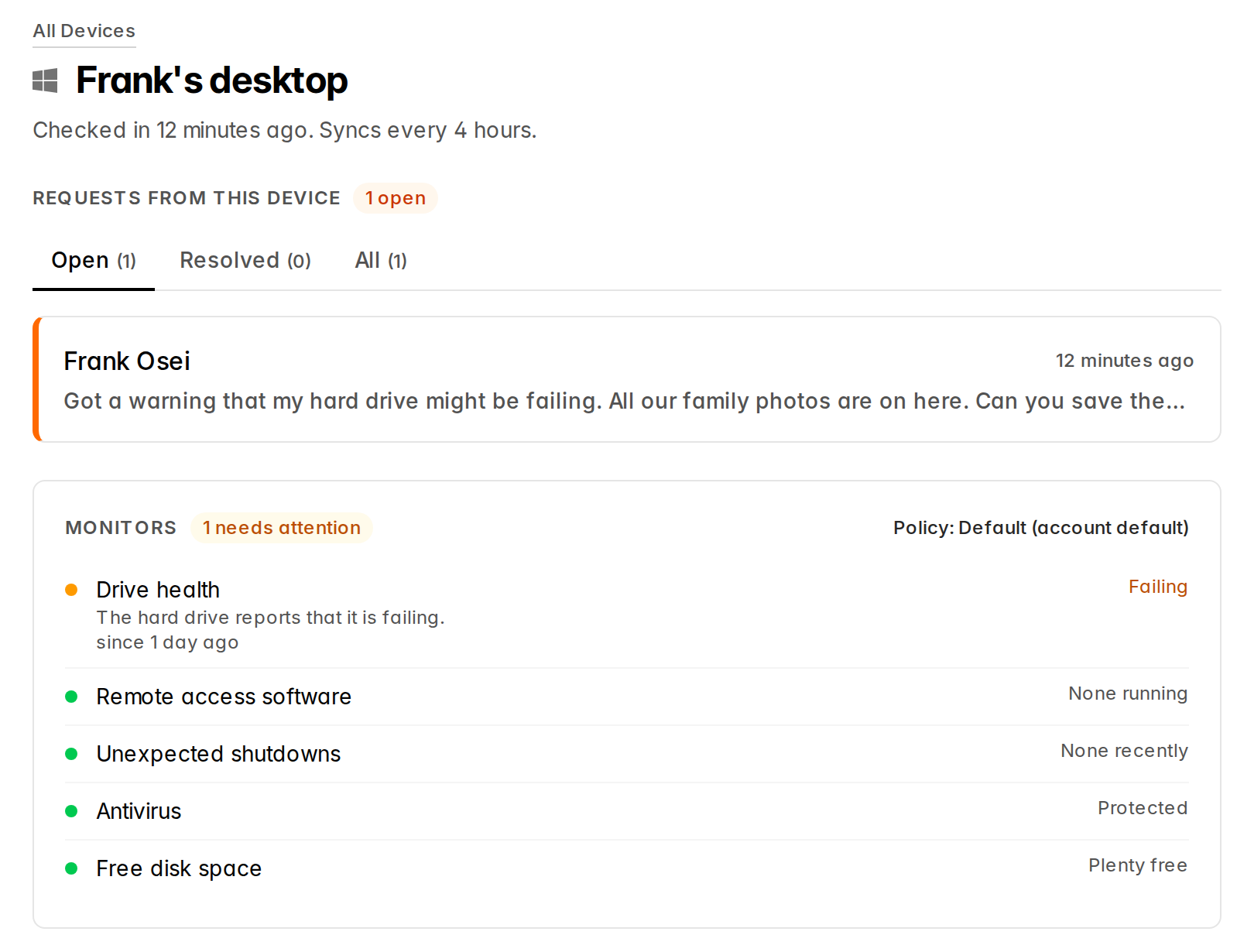 A device page in Lantern: Frank's desktop, with Frank's open request about his hard drive and the drive health check flagged as failing since yesterday