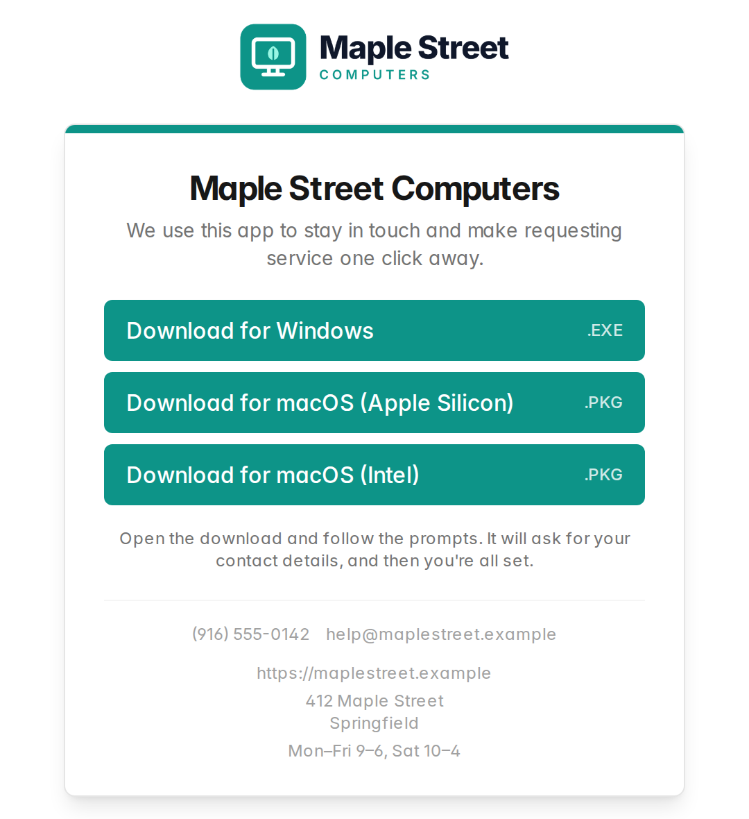 The download page for Maple Street Computers: the shop's logo, Download for Windows and Download for macOS buttons in the shop's color, and the shop's phone, email, address and hours