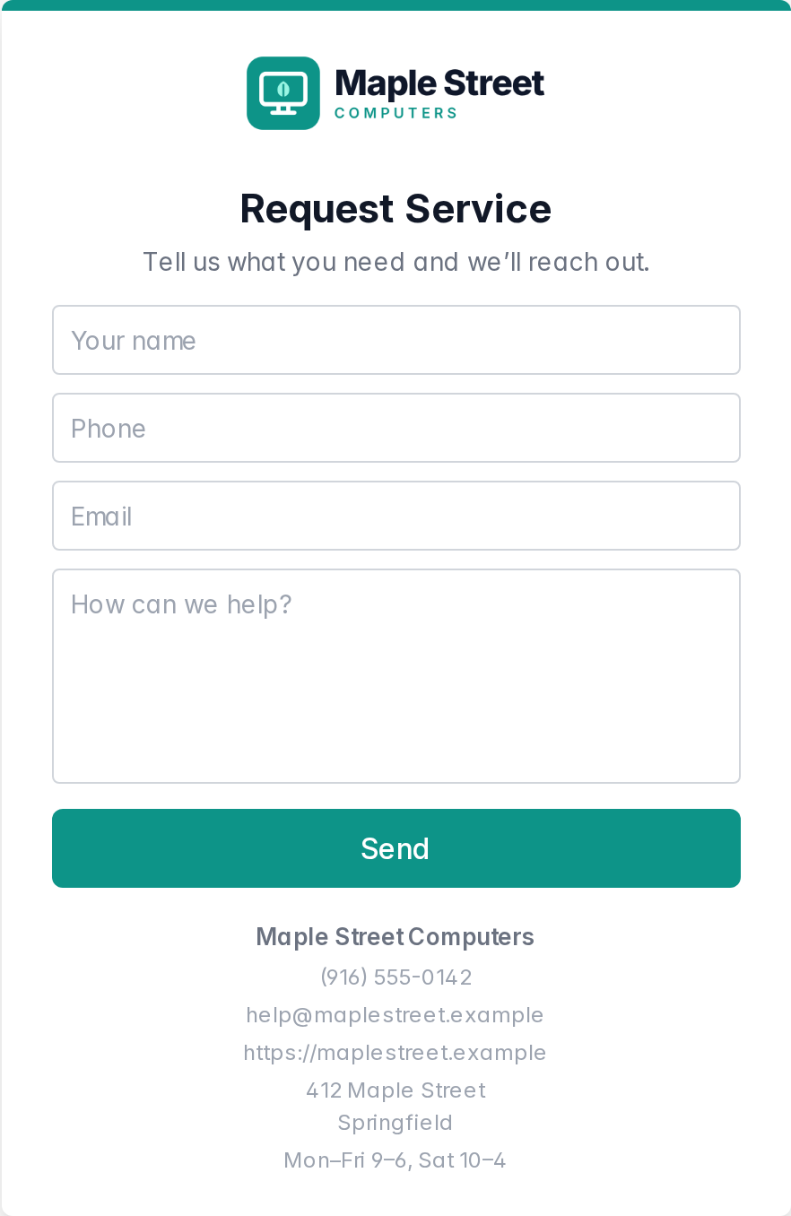 The Request Service window, branded for Maple Street Computers: logo, a form for name, phone, email and message, a Send button in the shop's color, and the shop's contact details and hours