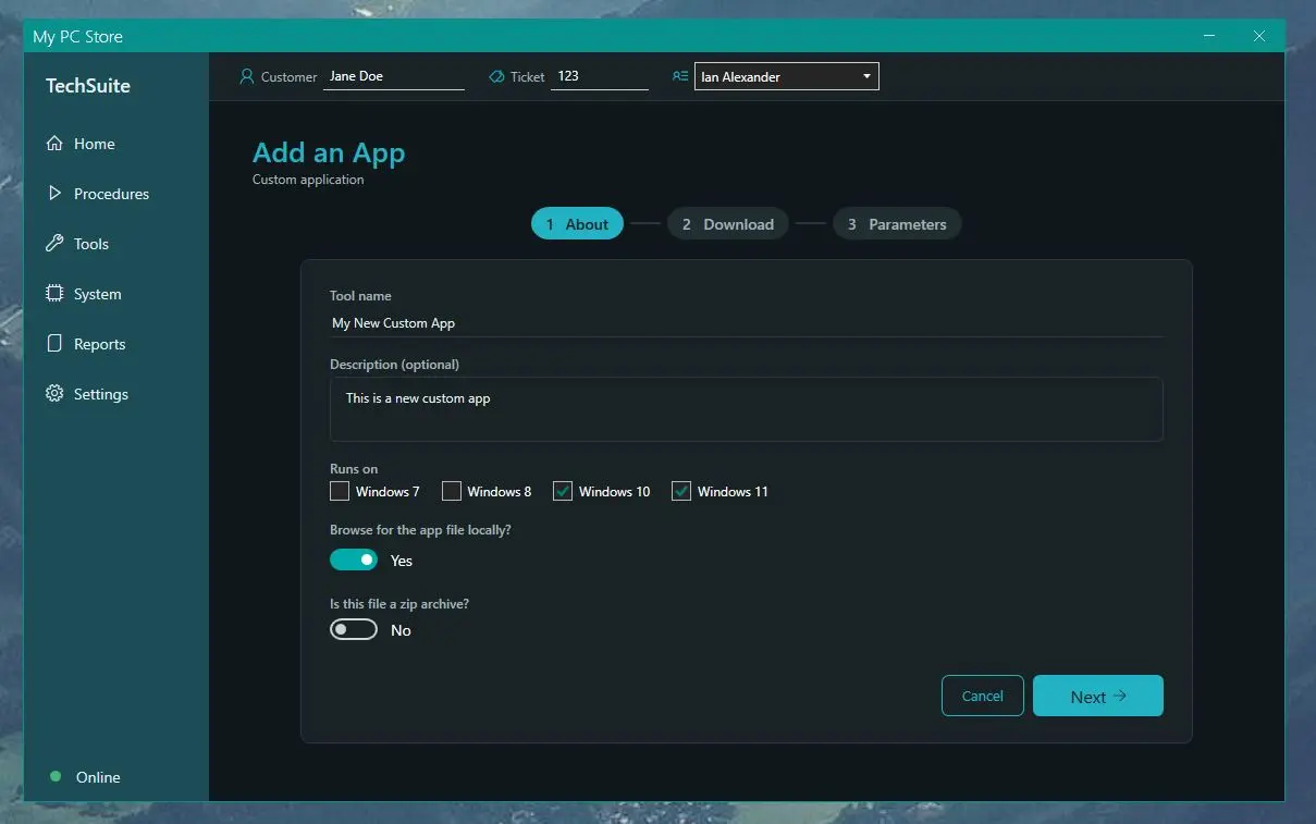 Add an App, About step: tool name, description, the Windows versions it runs on, and switches for a local file and a zip archive