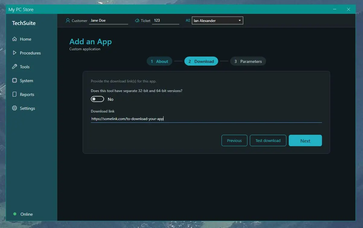 Add an App, Download step: the switch for separate 32-bit and 64-bit versions, the download link, and Test download