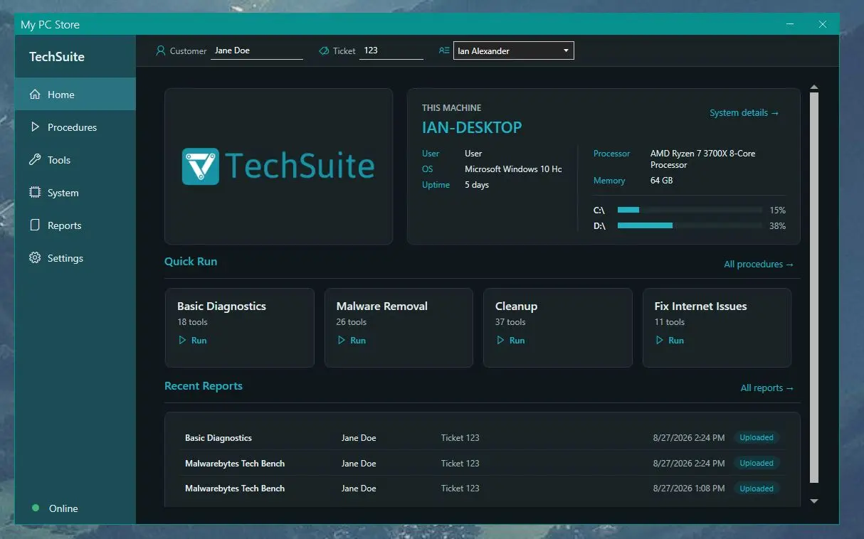 The TechSuite 2.0 Home screen: This Machine with its specs and drives, Quick Run tiles for Basic Diagnostics, Malware Removal, Cleanup and Fix Internet Issues, and recent reports
