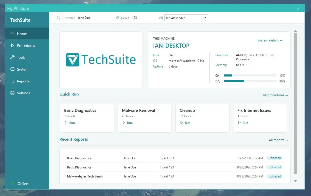 The TechSuite Home screen in light mode