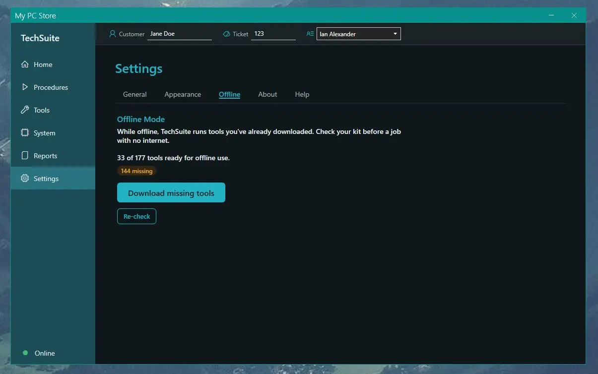 Settings, Offline: 33 of 177 tools ready for offline use, 144 missing, with Download missing tools and Re-check buttons