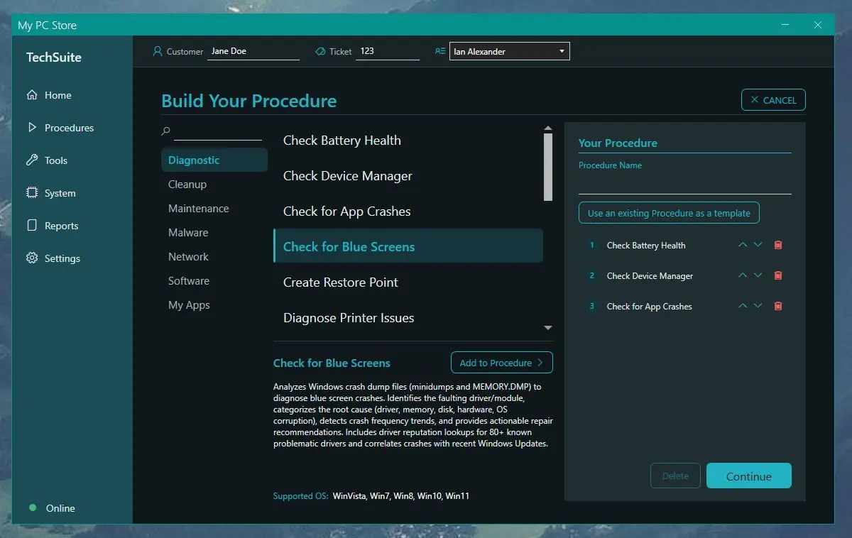 Build Your Procedure: tool categories, the Diagnostic tools with Check for Blue Screens selected and described below, and the procedure's three steps on the right