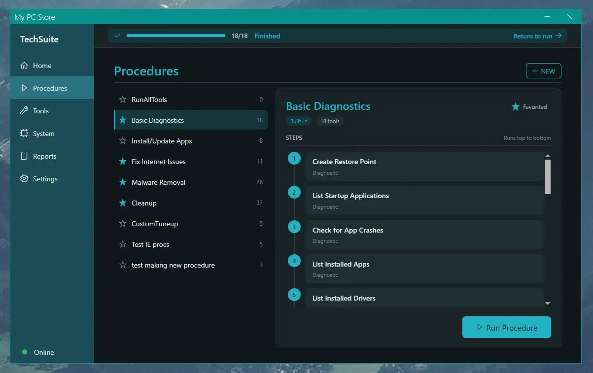 The Procedures page with Basic Diagnostics selected, showing its 18 steps and the Run Procedure button
