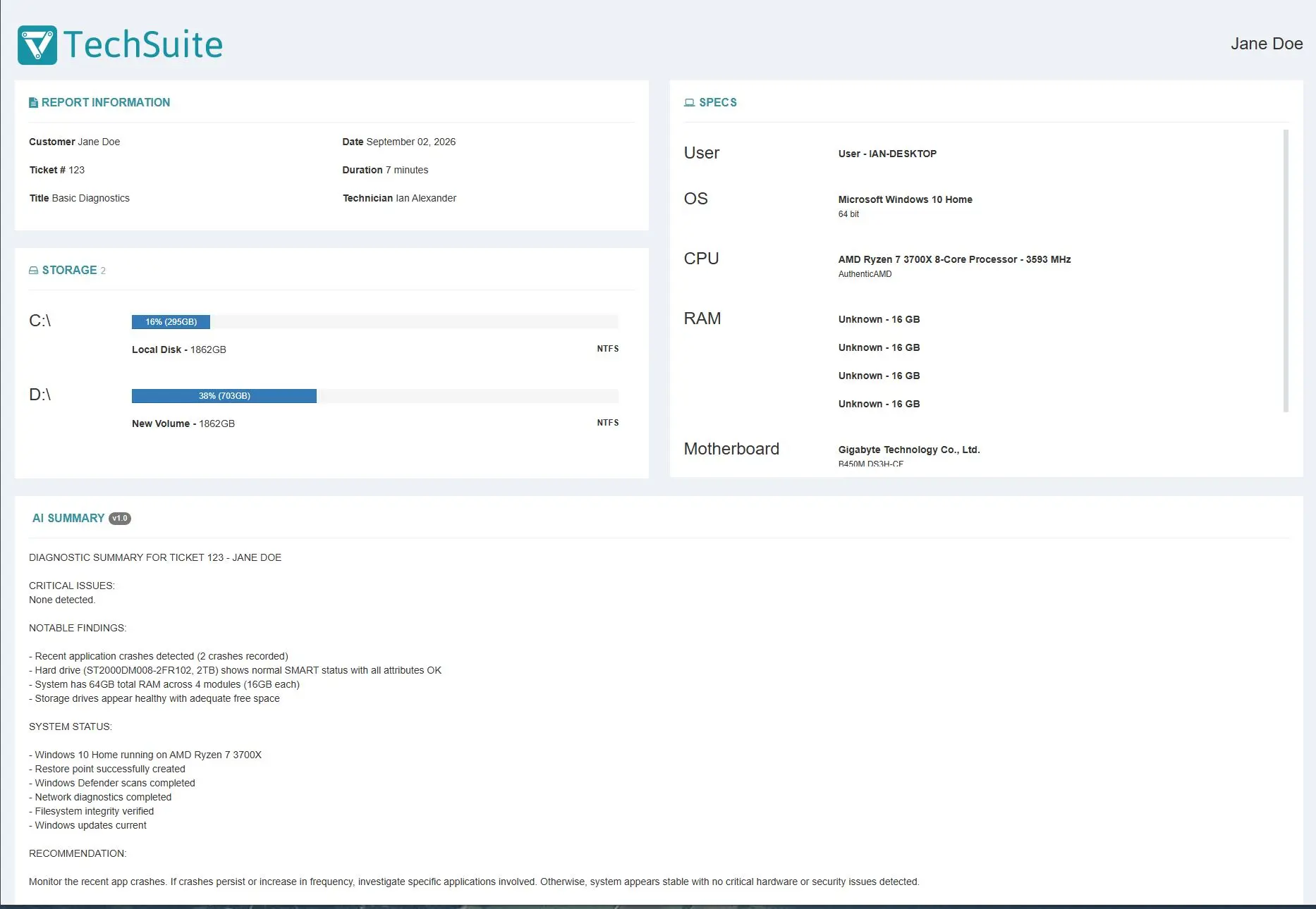 A finished report in the Online Dashboard: header, AI summary and system information