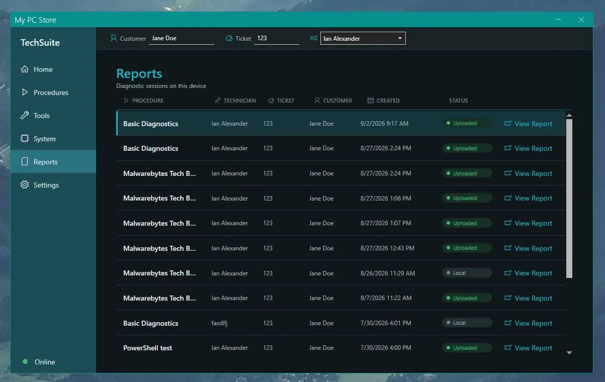 The Reports page: procedure, technician, ticket, customer, date and upload status for each report, with View Report links