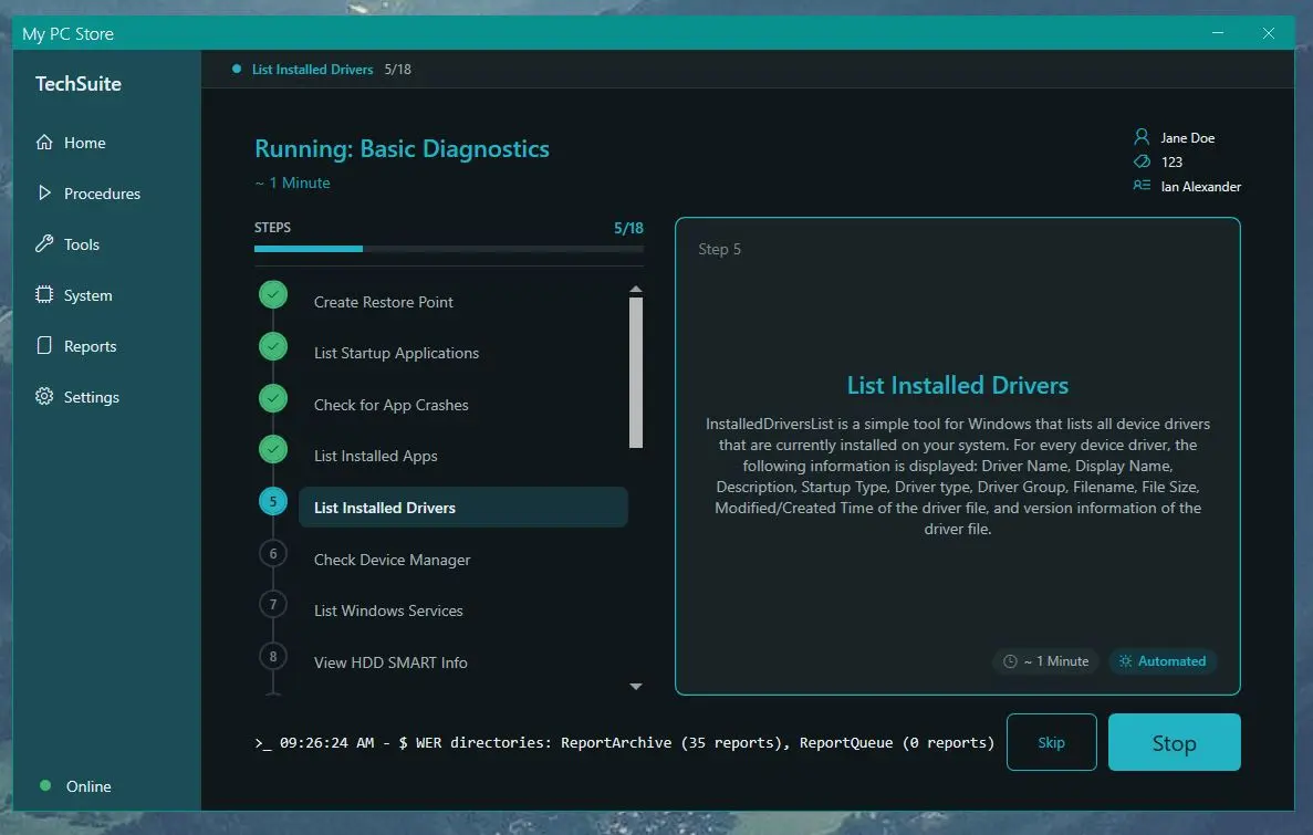 TechSuite running Basic Diagnostics: step 5 of 18, List Installed Drivers, with the finished steps ticked off