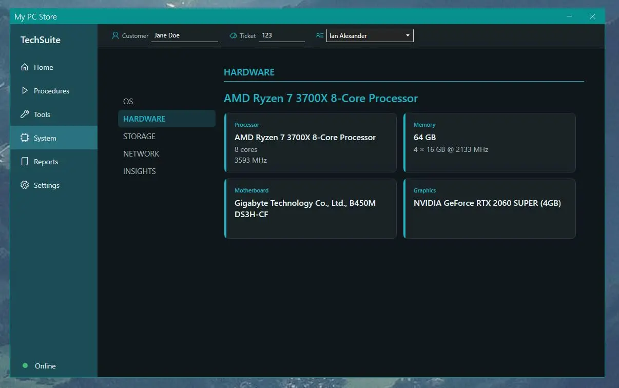 The System page, Hardware section: processor, memory, motherboard and graphics