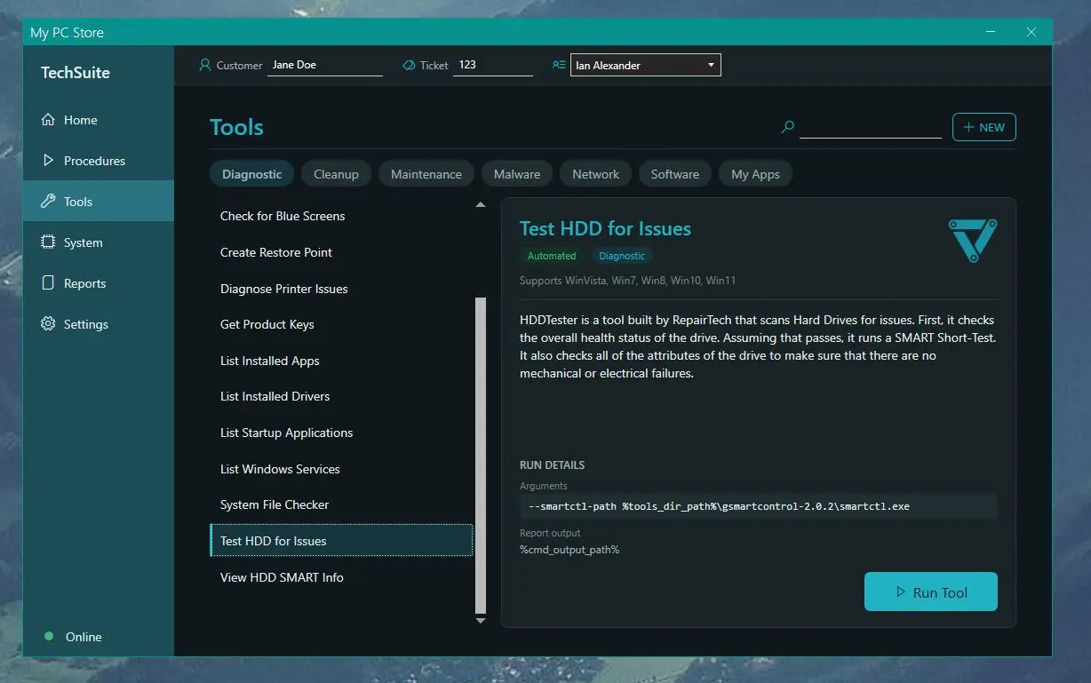The Tools page in TechSuite, with Test HDD for Issues selected: what it checks, the Windows versions it supports, and a Run Tool button